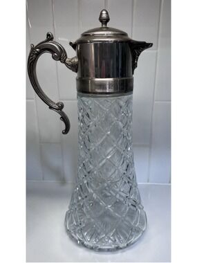 Vintage Glass Ice Water Pitcher Silverplate Lid Ice Tube Insert Carafe 14”